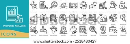 Industry analysis icon. Analysis Pipeline, Industry Report, Competitive Analysis, Sector Scanner and Business Blueprint