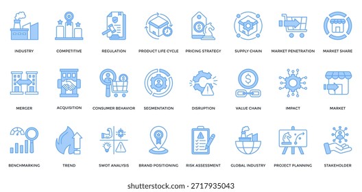 Conjunto de iconos de análisis de la industria. Contiene industria, competitiva, regulación, ciclo de vida del producto, estrategia de Precios, fusión, segmentación, tendencia, ícono de análisis FODA. Estilo azul lineal