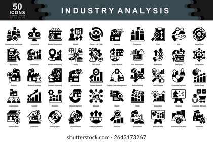 O conjunto de ícones Análise do Setor destaca ferramentas e conceitos usados para planejamento estratégico, pesquisa de mercado e visão competitiva ideais para estratégia de negócios, previsão e visualização de relatórios.
