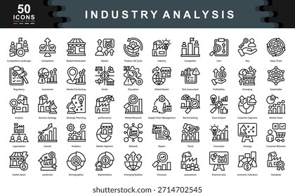 O conjunto de ícones Análise do Setor destaca ferramentas e conceitos usados para planejamento estratégico, pesquisa de mercado e visão competitiva ideais para estratégia de negócios, previsão e visualização de relatórios.