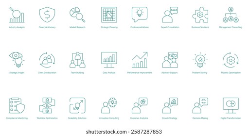Industry Analysis Vector Icon Set for Financial Advisory Market Research Strategic Planning and Expert Consultation