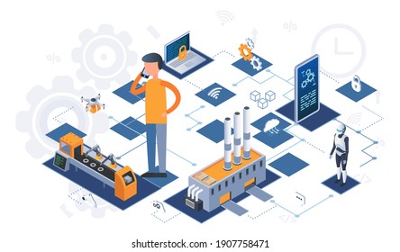Industry automation production line, internet of things and machine interface. Male engineer controls manufacturing equipment using digital devices, industrial technologies 4ir revolution, AI, IoT