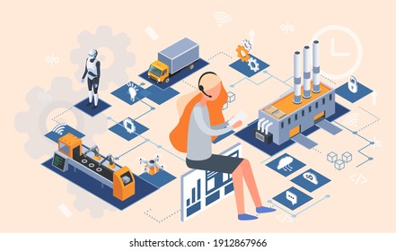 Industry automation production line, internet of things. Manufacturing equipment using digital devices, modern industrial technologies, factory with machines and robots 4ir revolution, AI, IoT