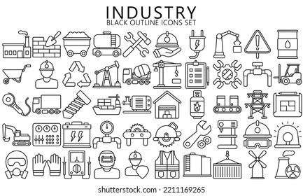 Conjunto de iconos de contorno negro de la industria. energía, construcción, producción, manufactura, central eléctrica, mina, almacén y más. uso para la interfaz de usuario moderna o el kit UX y la aplicación. vector EPS 10 listo para convertir a SVG.