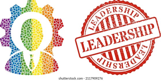 Industry boss collage icon of circle elements in various sizes and spectrum colored color hues. Red round textured seal with Leadership message. A dotted LGBT- colored industry boss for lesbians,