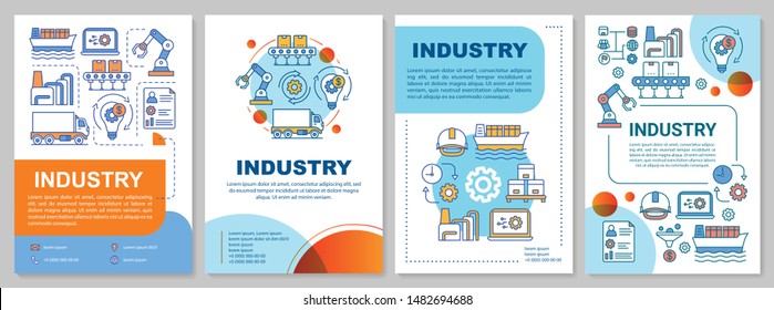 Diseño de plantilla de folleto del sector. Actividad manufacturera. Volante, folleto, diseño de impresión con ilustraciones lineales. Diseños de páginas vectoriales para revistas, informes anuales, carteles publicitarios