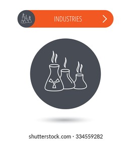 Industry building icon. Manufacturing sign. Chemical toxic production symbol. Gray flat circle button. Orange button with arrow.