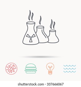 Industry building icon. Manufacturing sign. Chemical toxic production symbol. Global connect network, ocean wave and burger icons. Lightbulb lamp symbol.