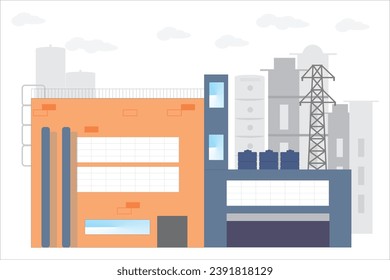 industry, building, vector, illustration, flat, car, background, production, landscape, environment, cloud, pipe, eco, road, tree, truck, facade, chimney, technology, window, ergonomics, manufactory, 