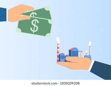 Industry Business Acquisition Deal. Abstract Concept Of Buying And Selling Factory Or Energy Production Plant By Businessman. Flat Cartoon Vector Illustration