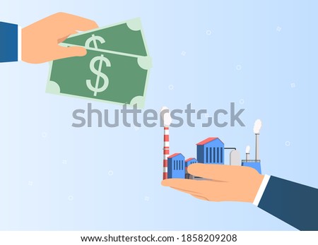 Industry business acquisition deal. Abstract concept of buying and selling factory or energy production plant by businessman. Flat cartoon vector illustration