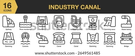 Industry Canal icon set. Includes industry, canal, waterway, transport, shipping, and More. Outline icons vector collection.