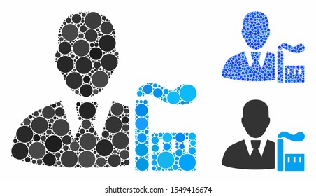 Industry capitalist mosaic of small circles in variable sizes and shades, based on industry capitalist icon. Vector small circles are composed into blue composition.