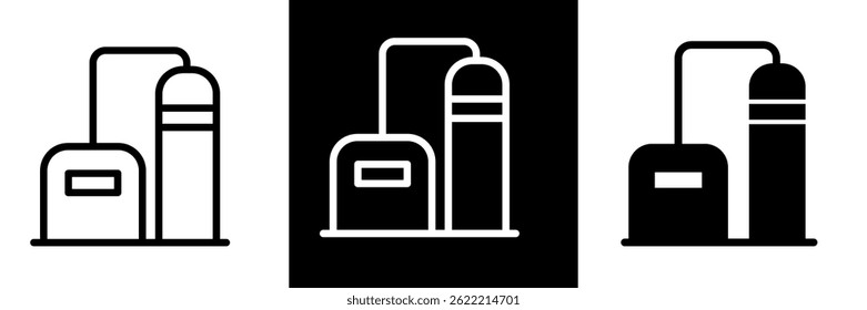 Industry Chemical Engineering Icons Graphic. Plant, Tanks, Production, Facility, Processing Symbols. Outline and Solid Vector Styles