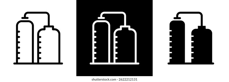 Industry and Chemical Plant Icons Graphic. Manufacturing, Tanks, Factory, Production Symbols. Outline and Solid Vector Styles