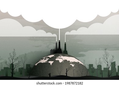 Industry chimney pollution with smoke in environment.Global warming and climate change concept.Environment landing page website template background.Paper art vector illustration.