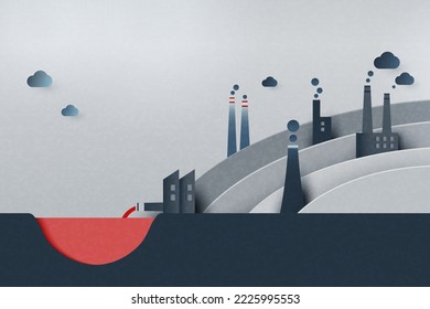 Contaminación de las chimeneas de la industria con humo en el medio ambiente.Concepto de calentamiento global y cambio climático.Fondo del sitio web de la página de aterrizaje del medio ambiente.Ilustración del vector de arte del papel.