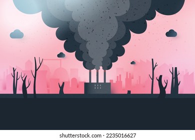 Contaminación de las chimeneas de la industria con humo en el medio ambiente.Concepto de calentamiento global y cambio climático.Concepto de medio ambiente y ecología.Ilustración de los vectores de papel.