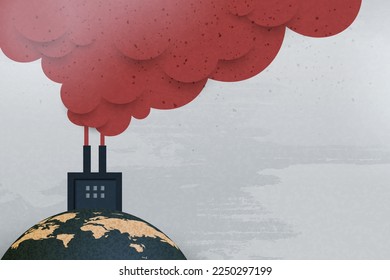 Industry chimney pollution with smoke in environment.Global warming and climate change concept.Environment and Ecology concept.Paper art vector illustration.