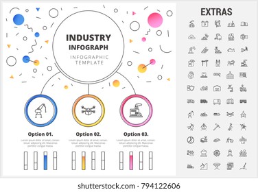 Industry circle infographic template, elements and icons. Infograph includes customizable bar charts, graphs, line icon set with mining equipment, fossil fuels, conveyor belt, nuclear power plant etc.
