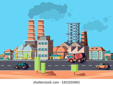 Industry city. Factory buildings in urban landscape flat vector facade of houses. Illustration of factory building, cityscape industrial production