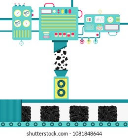 Industry of coal. Machinery processing crude coal and transforming it into blocks of coal.