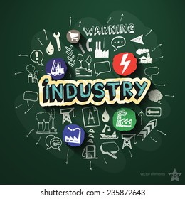 Industry collage with icons on blackboard. Vector illustration