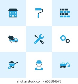 Industry Colorful Icons Set. Collection Of Digger, Screwdriver, Barrow And Other Elements. Also Includes Symbols Such As Excavator, Paint, Digger.