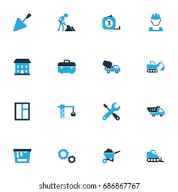 Industry Colorful Icons Set. Collection Of Cement Vehicle, Gear, Dozer And Other Elements. Also Includes Symbols Such As Bulldozer, Hook, Screwdriver.