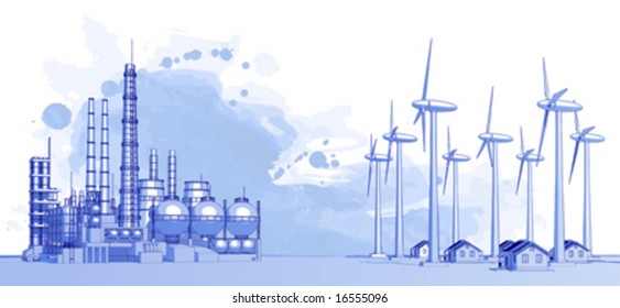 Industry concept: abstract plant with smokey sky, wind-driven generators & houses with solar power systems