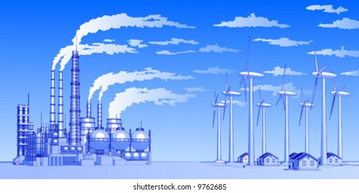 Industry concept: abstract plant with smokey sky, wind-driven generators & houses with solar power systems