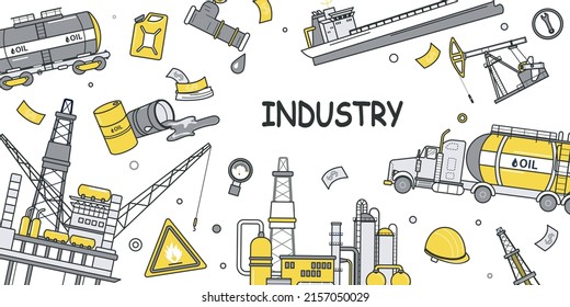 Industry concept for banner design with flat line doodle pattern. Hand drawing texture with plant, oil tanker, gasoline canister, factory and manufacturing equipment. Vector illustration for web