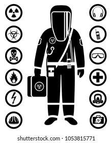 Industry concept. Black silhouette of worker in protective suit. Safety and health vector icons. Set of signs: chemical, radioactive, dangerous, toxic, poisonous, hazardous substances.