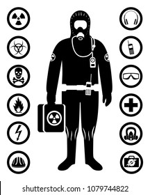 Industry concept. Black silhouette of worker in protective suit. Safety and health vector icons. Set of signs: chemical, radioactive, dangerous, toxic, poisonous, hazardous substances. Vector.