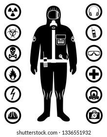 Industry concept. Black silhouette of worker in protective suit. Safety and health vector icons. Set of signs: chemical, radioactive, dangerous, toxic, poisonous, hazardous substances.