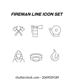 Industry concept. Collection of fireman high quality vector outline signs for web pages, books, online stores, flyers, banners etc. Icons of crossed axes, fire extinguisher, sprinkler system, flame 
