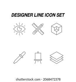 Industry Concept. Collection Of Modern High Quality Design Line Icons. Editable Stroke. Premiul Linear Symbols Of Eye, Pencil And Liner, Bunch Of Paper Sheets, Dropper Tool, Canvas
