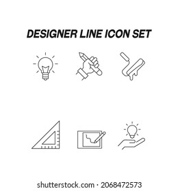 Industriekonzept. Kollektion von modernen, hochwertigen Design-Linien-Symbolen. Bearbeitbarer Strich. Lineare Symbole von Glühbirne, Bleistift, Liner, Paintroller, Grafiktablette 