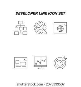 Industry concept. Collection of modern high quality developer line icons. Editable stroke. Premiul linear symbols of progress bar, computer, coding, map, statistics, algorithm, web development
