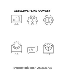 Industry concept. Collection of modern high quality developer line icons. Editable stroke. Premiul linear symbols of algorithm, cogwheel, code, computer, box, progress bar, code in speech bubble
