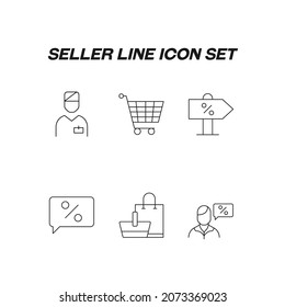 Industry concept. Collection of modern high quality seller line icons. Editable stroke. Premiul linear symbols of demonstrator, shopping cart, sale, discount, percent in speech bubble

