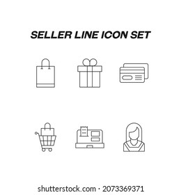 Industry concept. Collection of modern high quality seller line icons. Editable stroke. Premiul linear symbols of credit card, gift, shopping bag, cart, cash register
