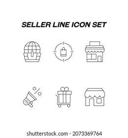 Concepto de industria. Colección de iconos modernos de línea de vendedor de alta calidad. Trazo editable. Premios de símbolos lineales del mundo en carrito de la compra, bolsa de la compra, objetivo, tienda, venta, descuento, tienda, regalo