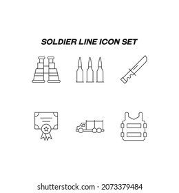 Industry concept. Collection of modern high quality soldier line icons. Editable stroke. Premiul linear symbols of bullet shell, bulletproof vest, military award, knife, army car
