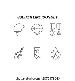 Industry concept. Collection of modern high quality soldier line icons. Editable stroke. Premiul linear symbols of helmet, military award, parachute, gun, weapon, compass, epaulette

