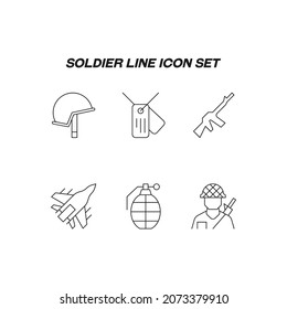 Industry concept. Collection of modern high quality soldier line icons. Editable stroke. Premiul linear symbols of soldier, helmet, military airplane, army dog tag, grenade
