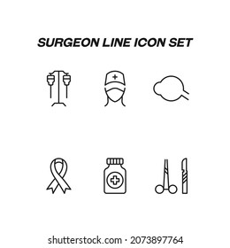 Industry concept. Collection of modern high quality surgeon line icons. Editable stroke. Premiul linear symbols of drip, drop bottle, doctor, eyeball, surgical tools, meds, pink ribbon
