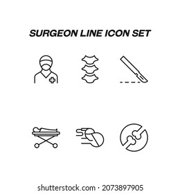 Industry concept. Collection of modern high quality surgeon line icons. Editable stroke. Premiul linear symbols of spine, surgery, patient, anesthesia, knuckle, surgeon 
