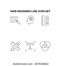 Industry concept. Collection of modern high quality web designer line icons. Editable stroke. Premiul linear symbols of entwinted circles, pencil, liner, idea, gear, t letter, graphic tablet
