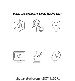 Industry concept. Collection of modern high quality web designer line icons. Editable stroke. Premiul linear symbols of cube, female designer, table lamp, light bulb, idea

